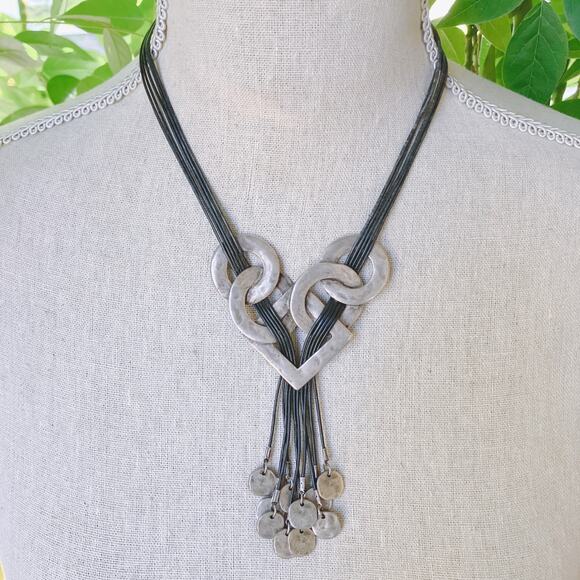 Chunky Chico’s Brutalist Statement Necklace Silver Tone Geometric Coin Tassels - Picture 5 of 14